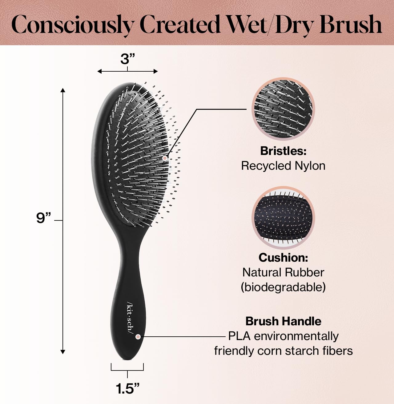 Kitsch Detangler Hair Brush for Wet and Dry Hair, Curly or Straight Hair, Detangling Brush with Flexible Hairbrush Bristles, Hair brushes for Women & Men, Adults & Kids, for Shower & Travel - Black