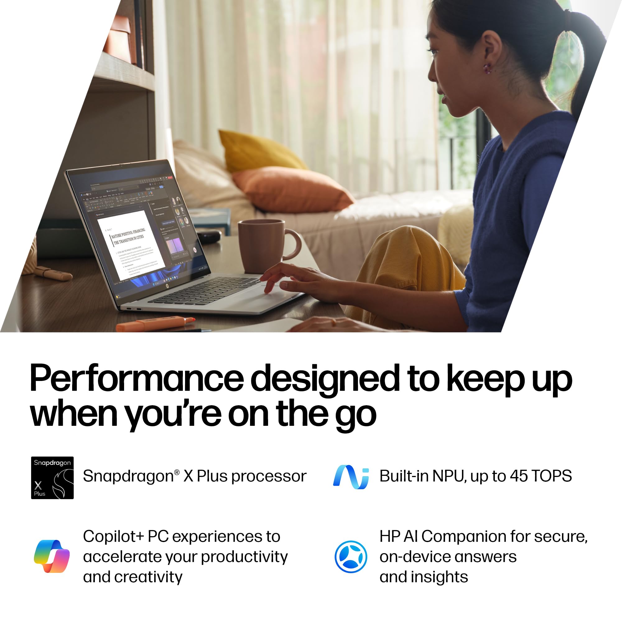 HP OmniBook 5 14 inch Next Gen AI PC, OLED Display, Snapdragon X Plus X1P-42-100, 16 GB RAM, 1 TB SSD, Qualcomm Adreno GPU, Windows 11 Home, Copilot+ PC, Glacier Silver, 14-he0099nr