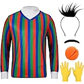 GANSHAYA 5 Pcs Halloween Costume Set Striped T-Shirt Hairy Headband Yellow Gloves Eyebrows Sponge Nose for Men Cosplay