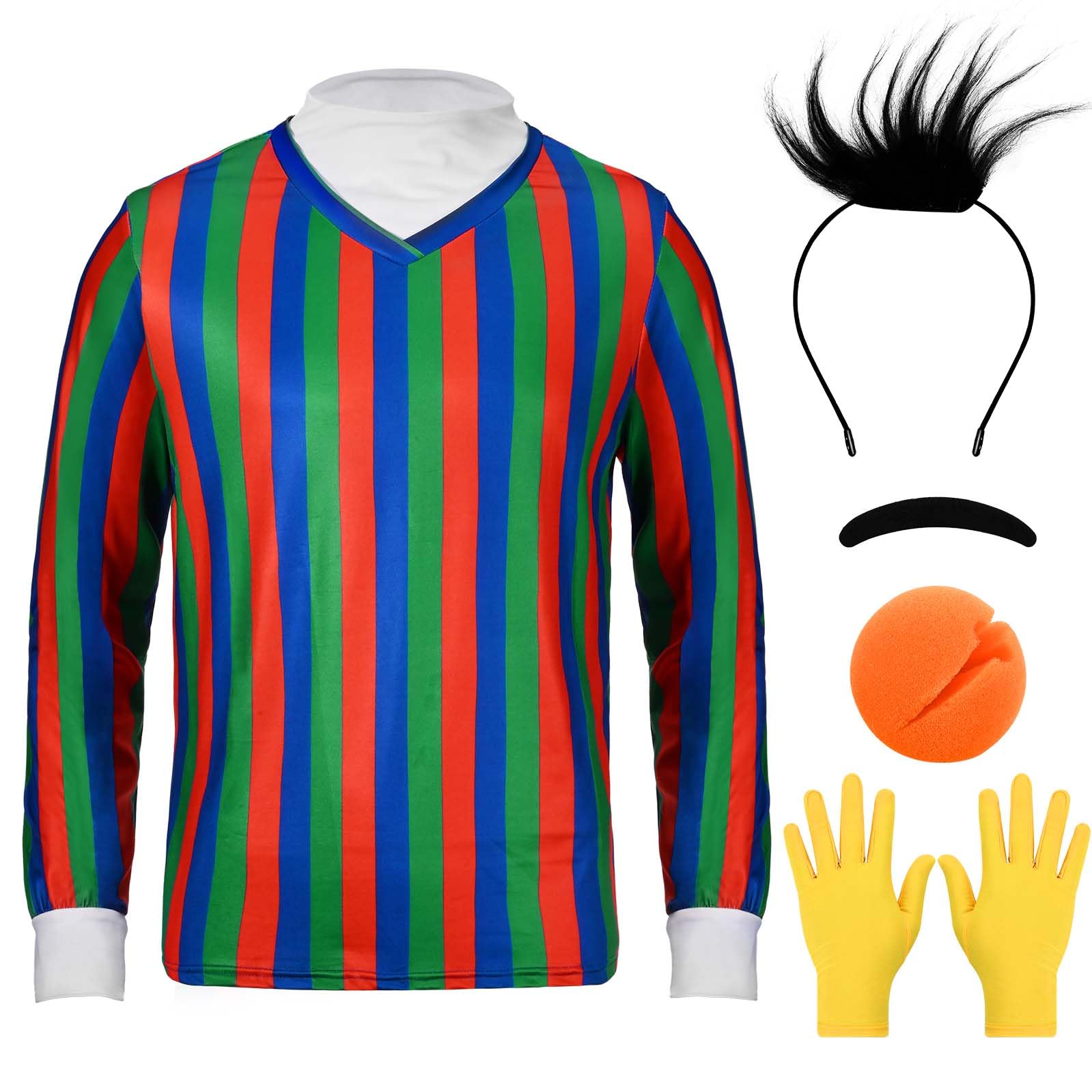 Photo 1 of ***SHIRT ONLY/ MISSING ALL ACCESSORIES*** GANSHAYA 5 Pcs Halloween Costume Set Striped T-Shirt Hairy Headband Yellow Gloves Eyebrows Sponge Nose for Men Cosplay (M)