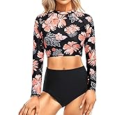Pinup Fashion Long Sleeve Rash Guard - 2 Piece Swimsuit Bathing Suits with Bottom Swim Top UV UPF 50+