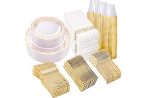 I00000 50 Guests Clear Gold Plastic Plates, Gold Disposable Dinnerware Set Includes: 100 Plastic Plates, 50 Silverware Set, 50 Disposable Cups, 50 Napkins Perfect for Party & Wedding