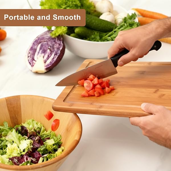 TAFOPUE BAMBOO CUTTING BOARD, LARGE KITCHEN CHOPPING BOARD WITH DEEP JUICE GROOVE & BUILT-IN HANDLE, REVERSIBLE WOODEN CHARCUTERIE BOARD AND SERVING TRAY FOR MEAT, BREAD, FRUIT, DAILY USE, 16×11×0.6”