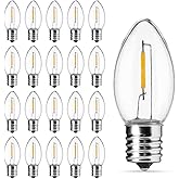 C7 LED Christmas Light Bulb, Clear Vintage Replacement Bulbs for Outdoor Indoor String Lights, Commercial Grade Holiday LED Night Light Bulbs, Warm White, C7 E12 Candelabra Base, 0.6W, 25 Pack