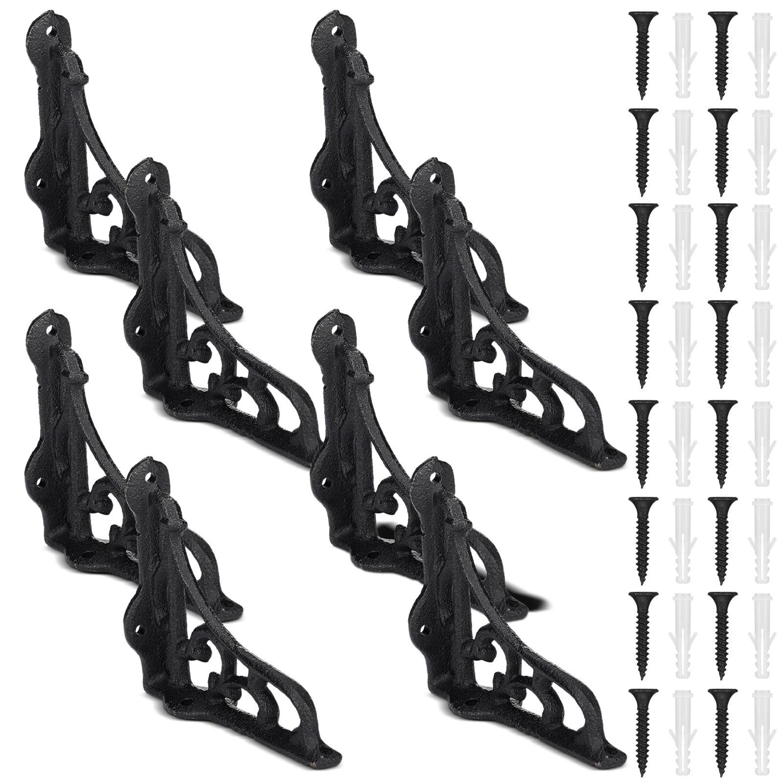 Photo 1 of Otoolling 8 Pack 4-1/8 x 3-5/8 Black Antique Shelf Brackets Decorative L Cast Iron Shelf Bracket Brace Heavy Duty Wall Mounted Floating Rustic Vintage Baroque for Farmhouse DIY