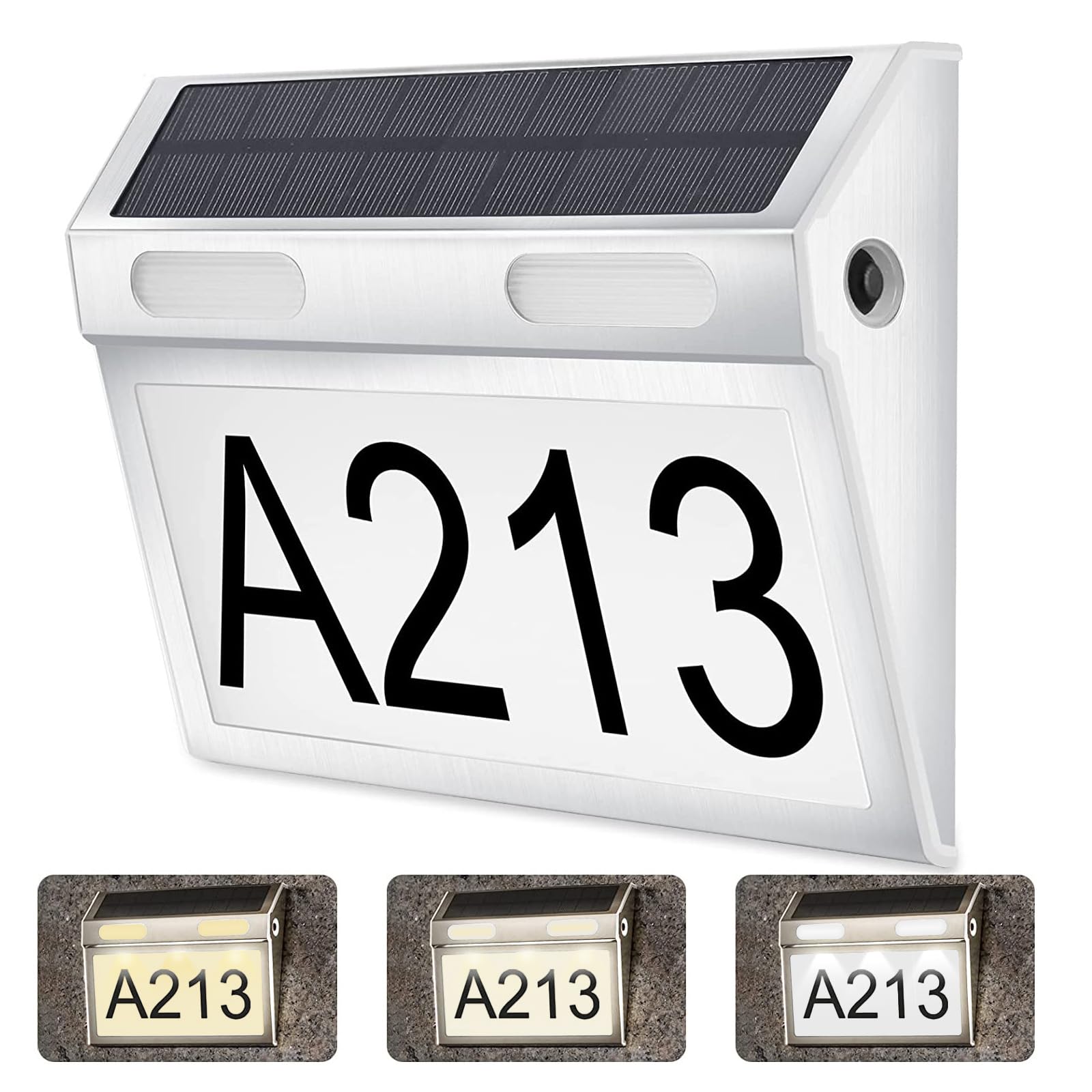 Fillipo Solar House Number Light, Door Numbers LED Lights Outdoor with IP65 Waterproof Material Stainless Steel with 3 Lighting Modes 6500K/4500K/3200K, Solar-House-Door-Number-Light