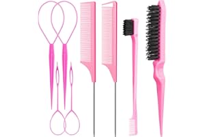 Aigee 8Pcs Hair Styling Combs Set Include 4Pcs Topsy Hair Tail Tools 2 Styles of Rat Tail Comb,1Pcs Bristle Teasing Slick Back hair Brush,1Pcs Edge Control Brush,Eyebrow Brush for Woman Girl Pink
