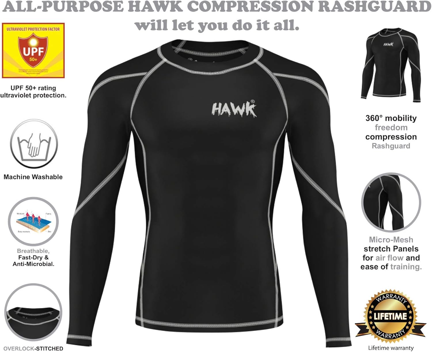 Hawk Sports Mens Compression Shirts Base Layer Athletic Gym MMA BJJ Rash Guard No Gi Full Long Sleeve Rashguard Shirt for Men: Clothing