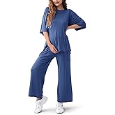 QUNISY Maternity Lounge Set 2 Piece Outfits Matching Short Sleeve Top Adjustable Long Pants Pregnancy Summer Loungwear, Deep Blue Petite M