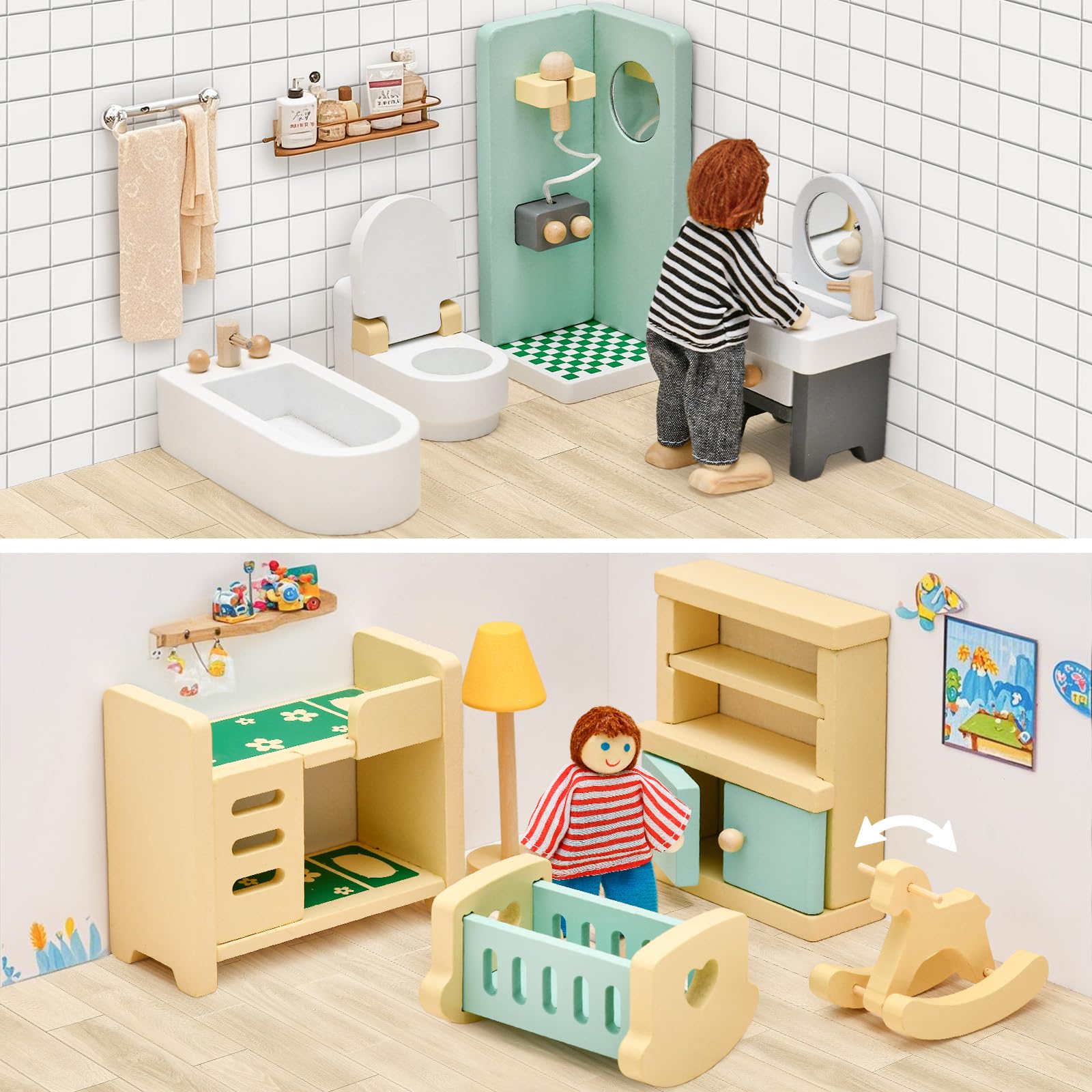 Toyssa Wooden Dollhouse Furniture Set, 36PCS Miniature Doll House Accessories with Colorful 5 Room & 4 Flexible Family Dolls, Pretend Play Toys Birthday Gift for Toddlers 3 4 5 6 Years Old