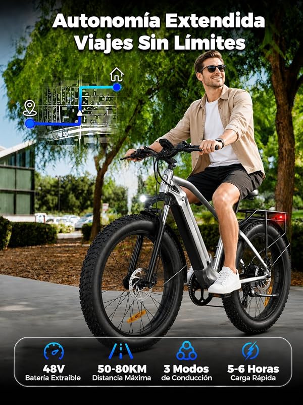 D6 Bicicleta Eléctrica, 26x4” Bici Electrica Adultos Montaña, Batería de 48V 15Ah, Motor 250W, 7 Velocidades, Horquilla de Suspensión, Frenos de Disco Hidráulicos (Negro)