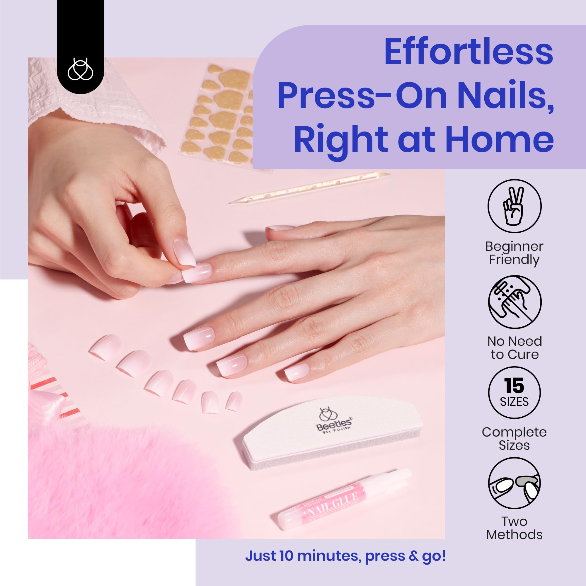 Beetles Press on Nails -15 Sizes Gradient Medium Coffin Press On Nails 60pcs Soft Gel Design Long Lasting Acrylic Fake Nails, No Need to File Fake Nail Tips DIY Nails Gift for Women - Image 7