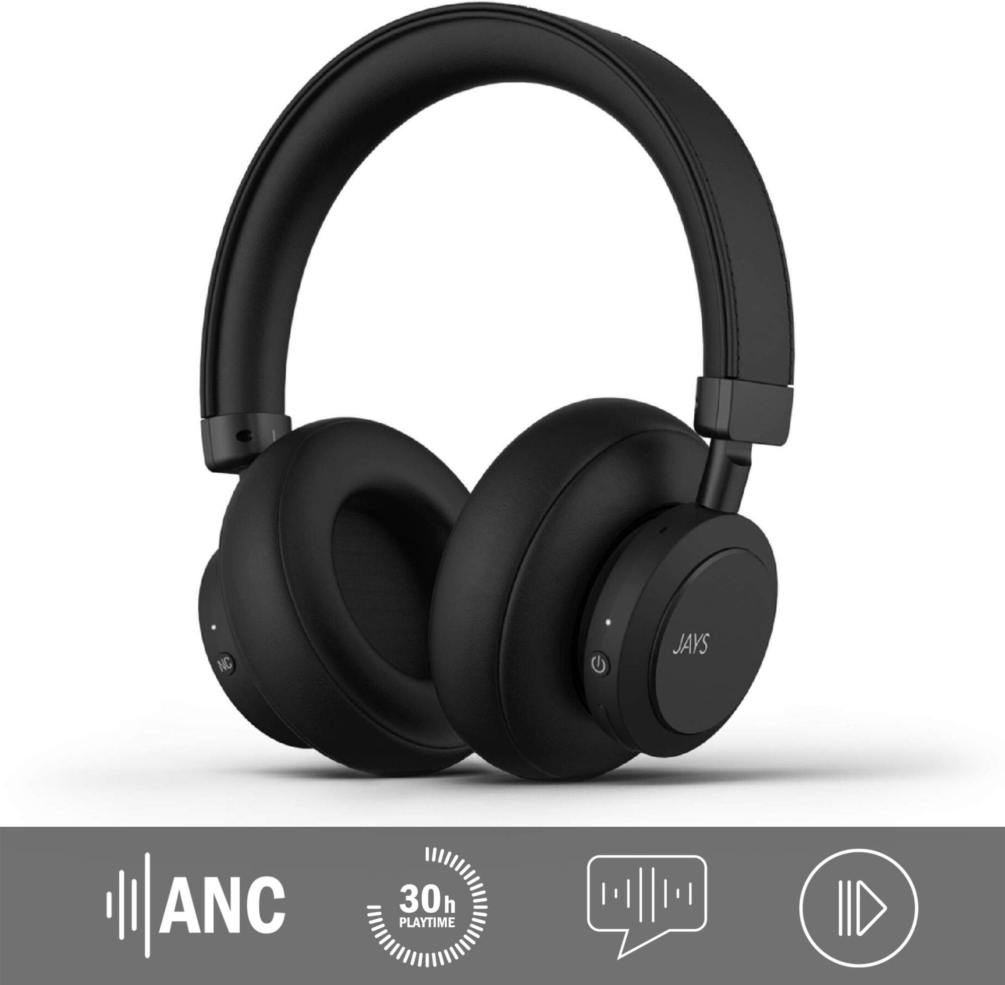 JAYS - q-Seven Wireless - Over-Ear Noise Cancelling (ANC) Headphones - Black 30hrs Playtime (Black)