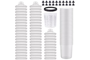 tycardor HT Disposable Paint Gun Cups Liners and Lid System Paint Sprayer Mixing Cup for HVLP Spray Gun 50 Cup Liners 50 Lids with Strainer 1 Hard Cup with Retainer Ring 20 Plugs, 650ML (22 OZ)