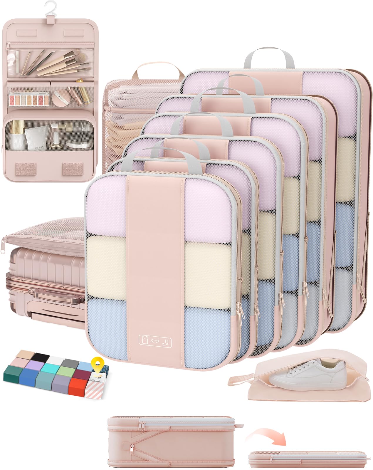 Photo 1 of 10 Set Compression Packing Cubes for Travel Women Mom,OlarHike Luggage Clothes Storage Gifts for Travelers,Airplane/Cruise/Car/Train Travel Essentials,Compressible Expandable Saver Space Bags(Beige)