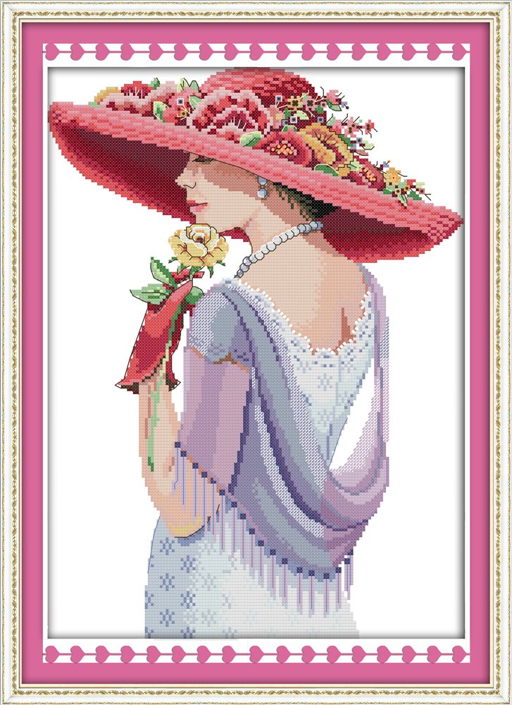 CaptainCrafts Cross Stitch Kits, Stamped Fabric Cross Stitching DIY Art Needlecrafts Embroidery Kits for Adults (Beauty Woman, STAMPED)