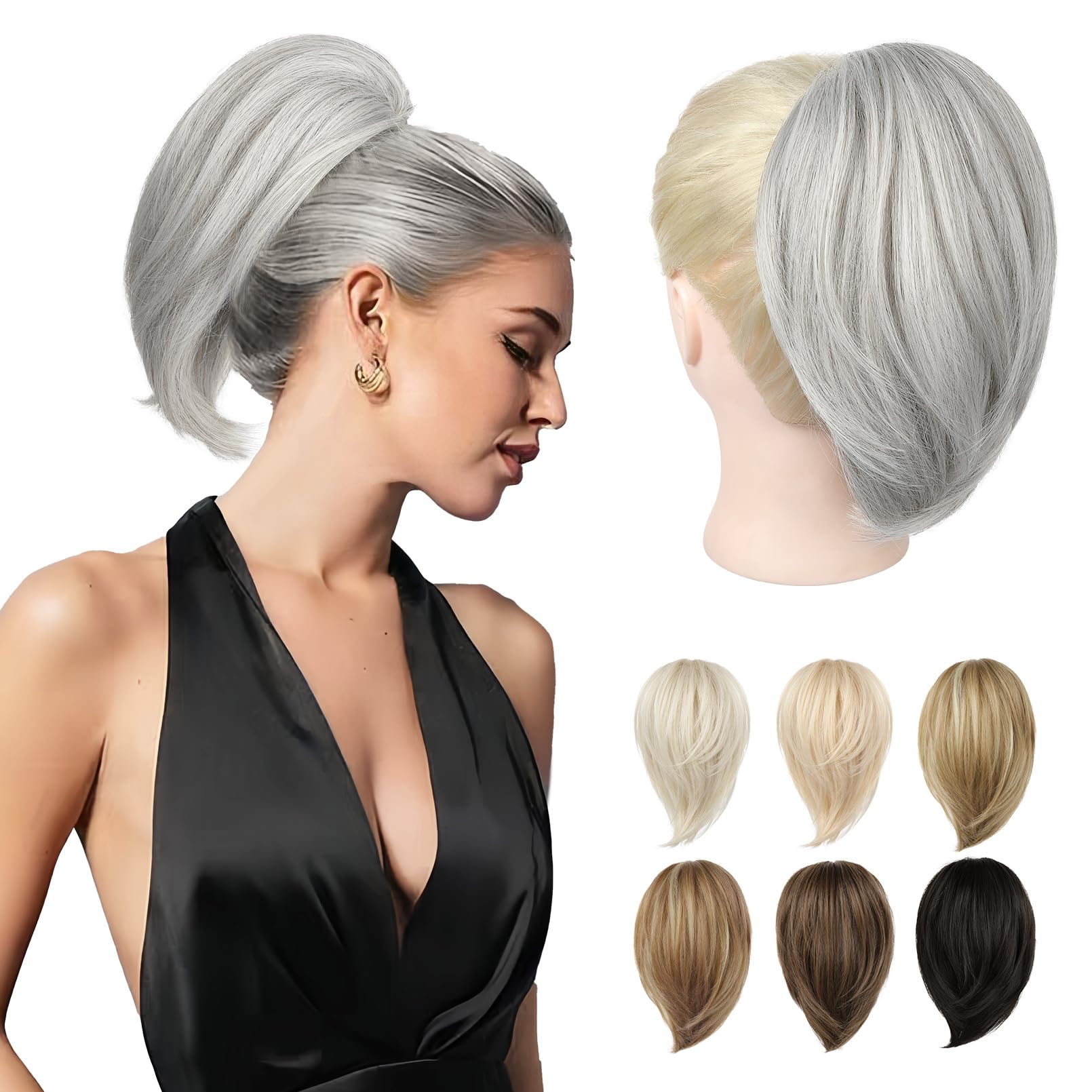REECHO Ponytail Extension，Claw Clip Hair Bun Hair Piece Short Straight Ponytail Hair Extensions Messy Hair Bun Natural Synthetic Fake Ponytail Hair Pieces for Women- Silver Grey