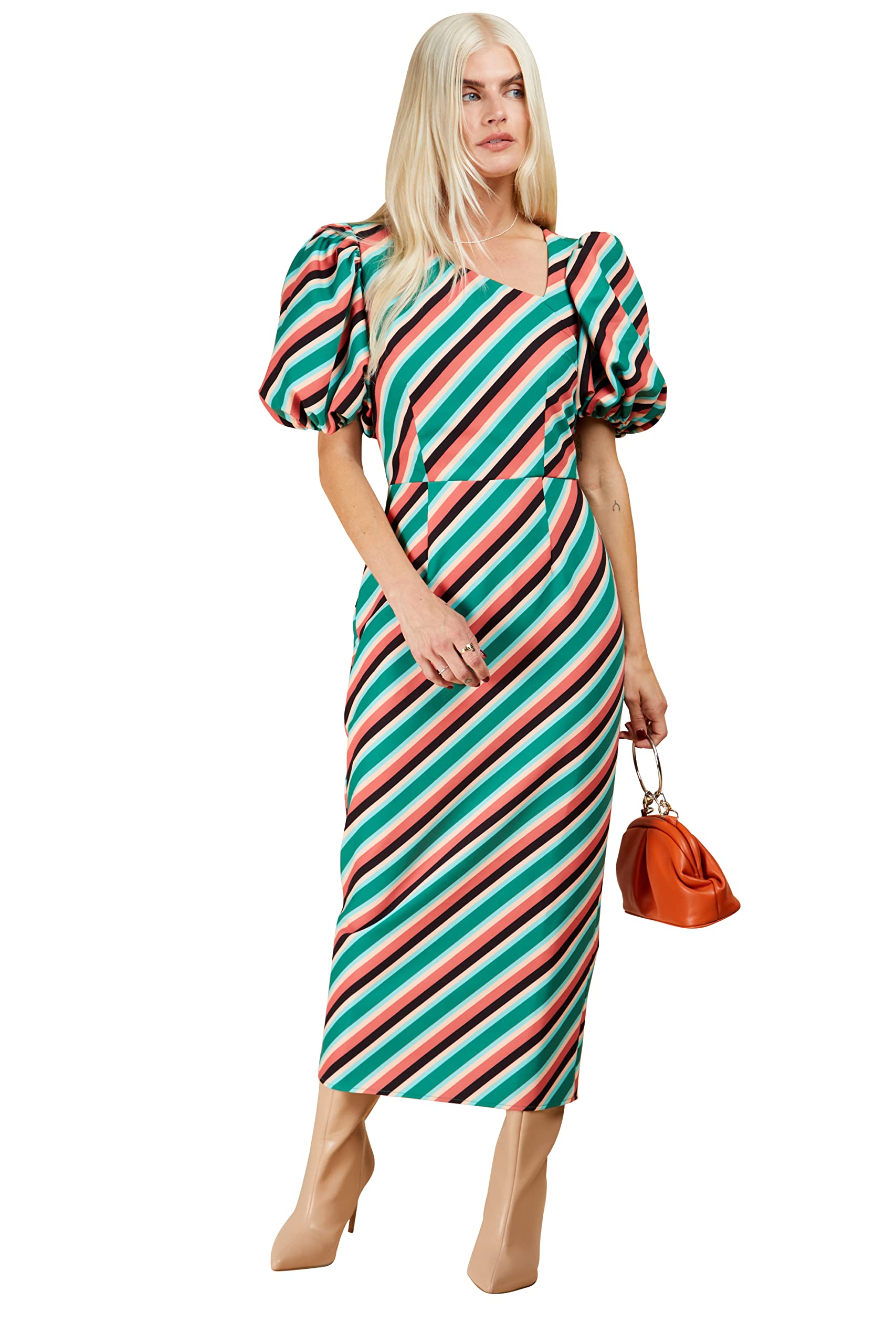 Little Mistress Stripe Asymmetric Neck Midi Bodycon Dress, 14 Multi