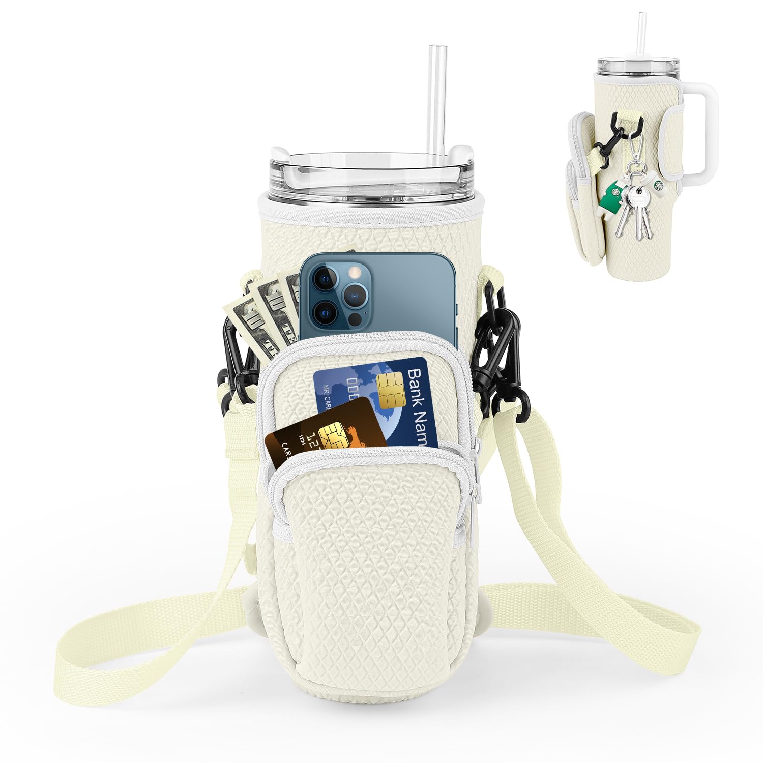 Tyasoleil Water Bottle Carrier Bag for Stanley 40oz Tumbler, Water Bottle Holder with Phone Pocket And Adjustable Strap, Stanley Cup Accessories