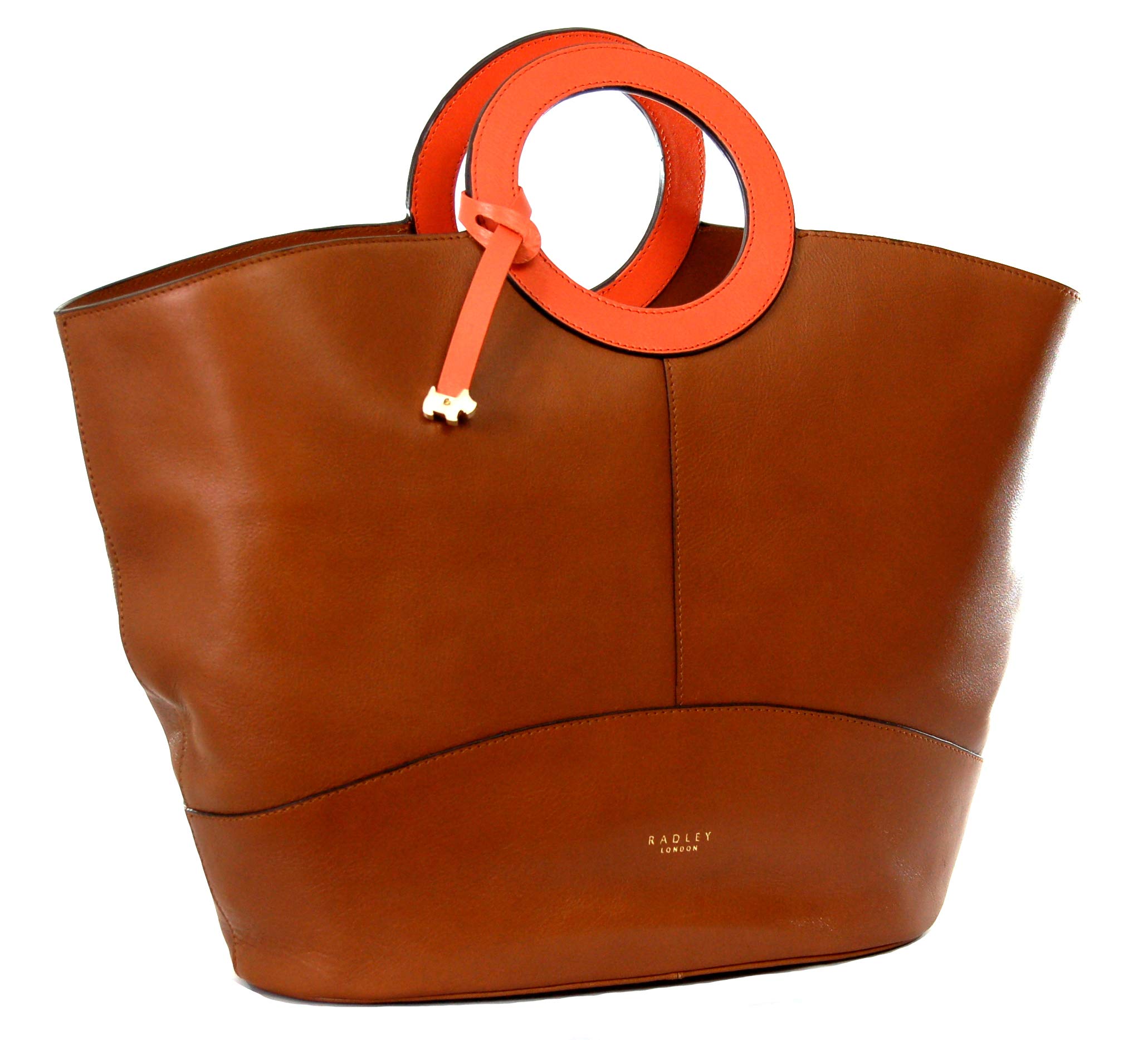 Radley Large Leather Tote Grab Bag Market Street Street in Indus Tan with Orange Leather Hoop Handles