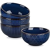MALACASA Cereal Bowls, 30 Ounce Ceramic Blue Soup Bowl for Kitchen, Stoneware Bowls Set of 4 with Embossment for Pho, Chip, Fruits, Salad, Noodle, Ramen - 6 Inch, Series LYDIA