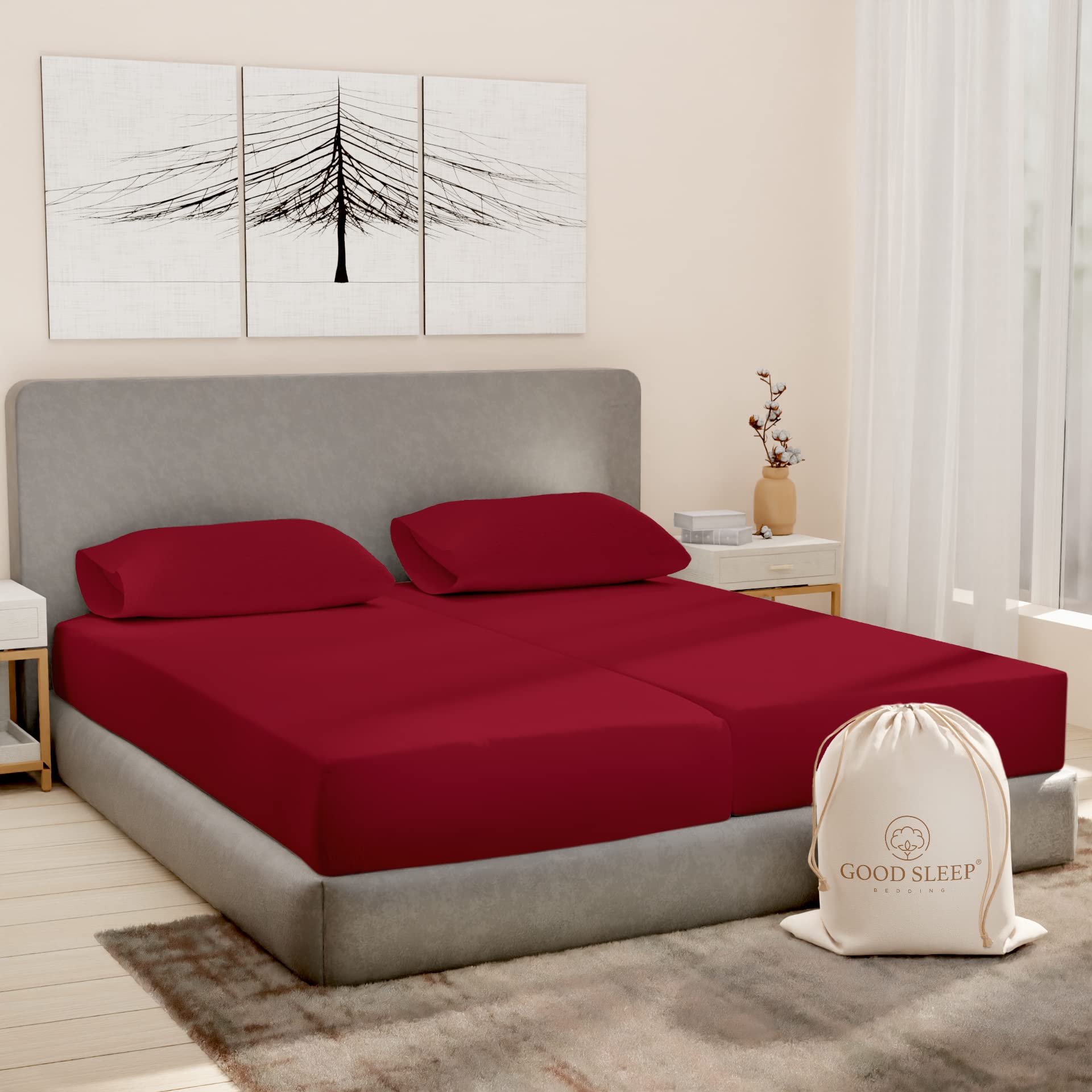 Photo 1 of Good Sleep Bedding Split King Sheets Sets for Adjustable Bed Cotton, 1000 TC Egyptian Cotton Sheets, 5 Piece Cotton Split King Sheet Set, Sateen Sheets, 2 Fitted - 16" Deep Pocket, Burgundy