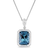 KOKAV 14K White Gold Genuine London Blue Topaz 11-7/8 Ct, Diamond Pendant Necklace