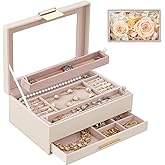 Lolalet Jewelry Organizer with Glass Lid, 2-Layer Jewelry Box Case with Drawer, Valentine's Day Gift for Women Mom Wife Earrings Watch Ring Display Storage -Beige