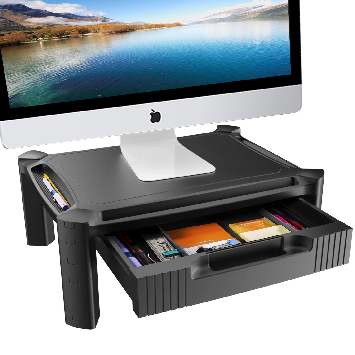 HUANUO Adjustable Monitor Stand with Pull Out Drawer, Pen Storage Slot
