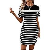 SweatyRocks Women's Striped Mini Dress Short Sleeve Round Neck Short T Shirt Dresses