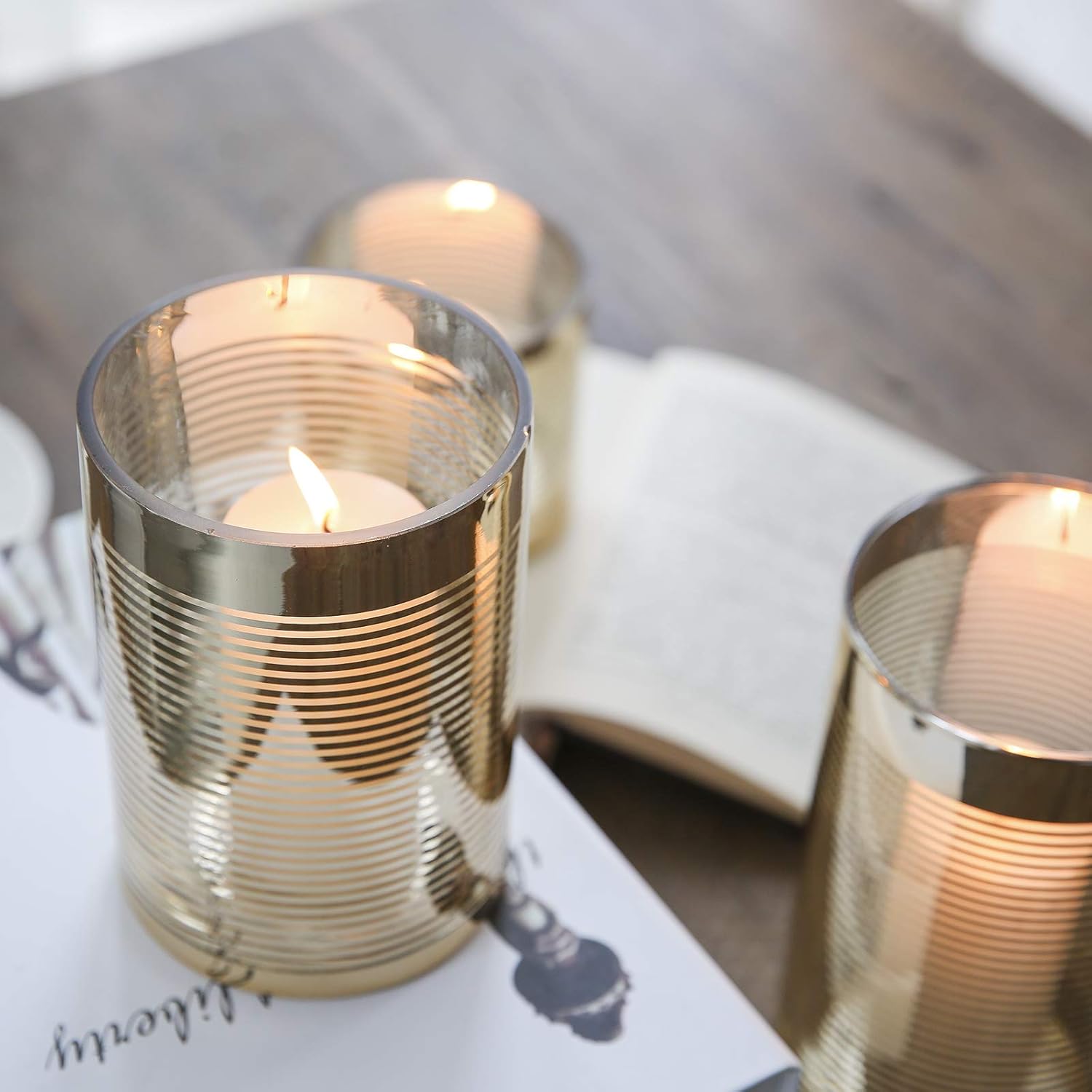 Cyl Home Hurricane Candleholders Clear Glass with Unique Golden Striped Decor Dining Table Centerpieces Cylinder Vases Gifts for Wedding Housewarming Christmas Party，7.9'' Height.: Kitchen & Dining