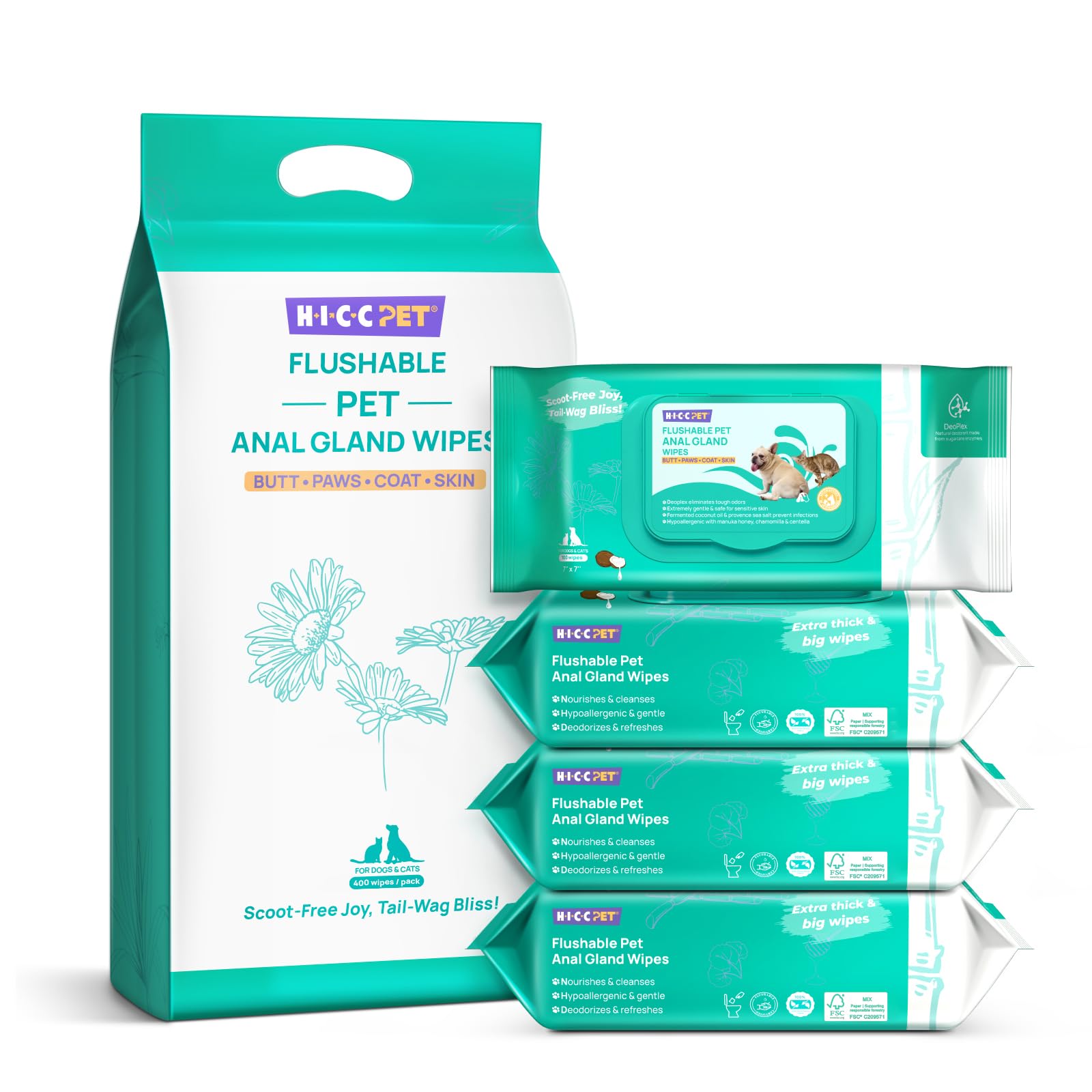 HICC PET Wipes for Dogs & Cats, Cleansing Deodorizing & Soothing Allergy Infections Anal Gland Pets Wipes with Coconut Oil - Dog Grooming Wipes for Butt and Paw - Hypoallergenic & Vet Recommended Image
