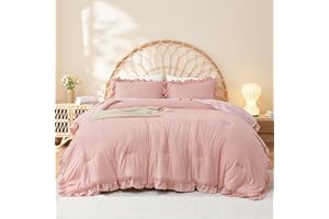 Litanika Full Size Comforter Sets, 3 Pieces Blush Pink Ruffle Girls Women Cute Bedding Comforters & Sets, Lightweight Fluffy Microfiber as Gift (79x90In Comforter & 2 Pillowcases)