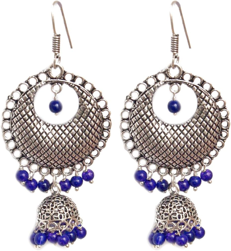 Pahal Traditional Blue Pearl Oxidized Silver Jhumka Earrings Drop Dangle Indian Wedding Jewelry