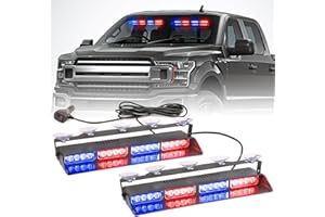 PKINGLAKE 2 in 1 LED Emergency Dash Strobe Light Bar Front/Rear Windshield Safety Flashing Warning Hazard Interior Lights for Police Firefighter Construction Vehicles Trucks (2x14 inch, Blue/Red)