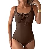 Aleumdr Womens Textured One Piece Swimsuit Tummy Control Bathing Suit with Bow Tie Knot Cutout Ruching Swimwear