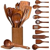 Vorisebo 12 Piece Wooden Spoons for Cooking, Natural Teak Wooden Utensils Set, Handmade Wood Kitchen Utensil Set with Holder and Spoon, Durable Nonstick, Comfort Grip Wood Cookware Tool