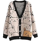 ebossy Women's Kawaii Cartoon Cat Cardigan Japanese Aesthetic Button Down Jacquard Knit Sweater Coat