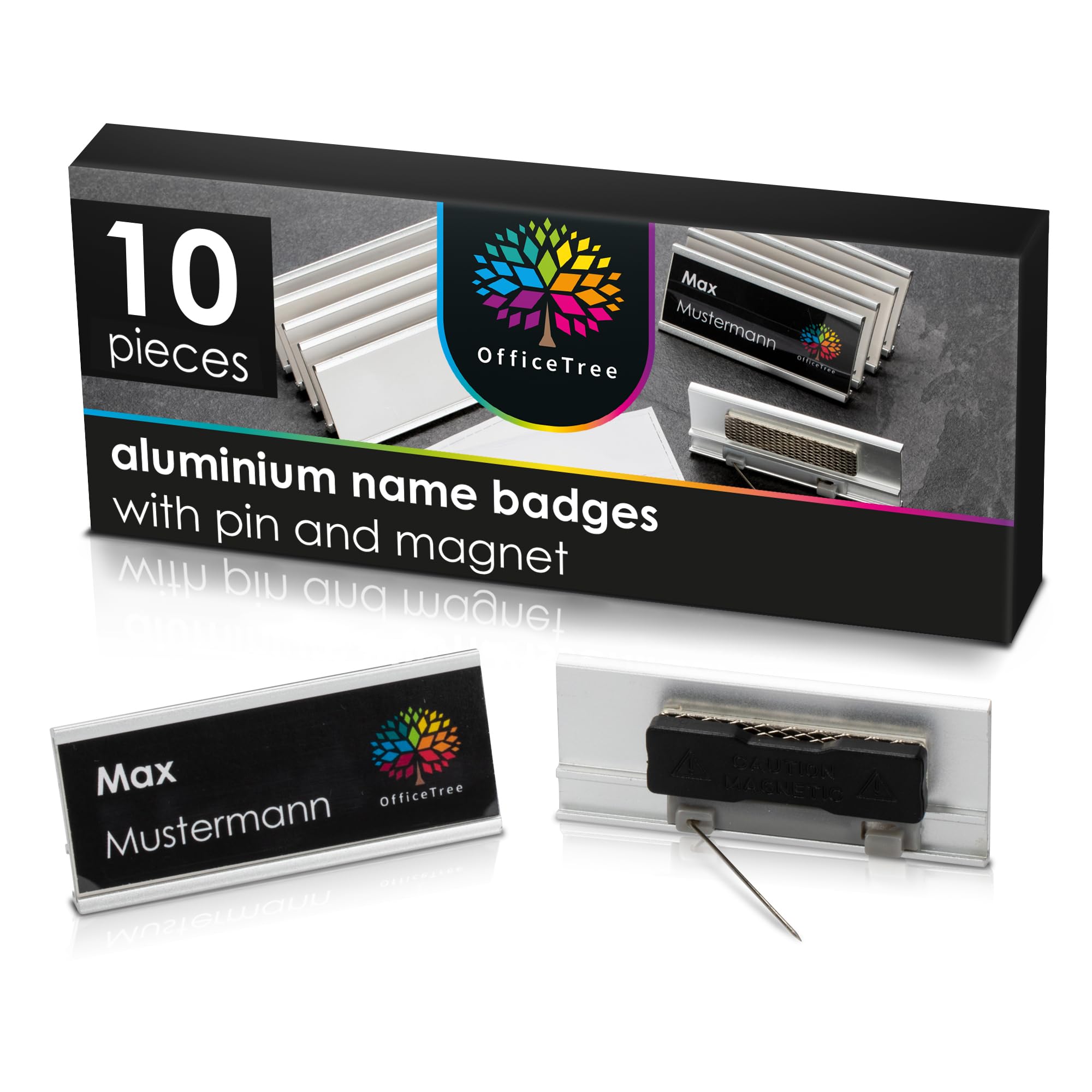 OfficeTree 10 x Aluminium Name Badges Magnet incl. pin - Name Tag Magnet - Name Badges for Clothing Magnet - Name tag Magnetic for Trade Shows seminars Events