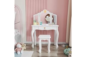 JOYMOR Kids Princess Vanity Table and Chair Set, Kids Vanity Set with Drawer & Tri-Folding Mirror, 2 in 1 Makeup Dressing Table with Detachable Top, Pretend Beauty Play Vanity Set for Girls