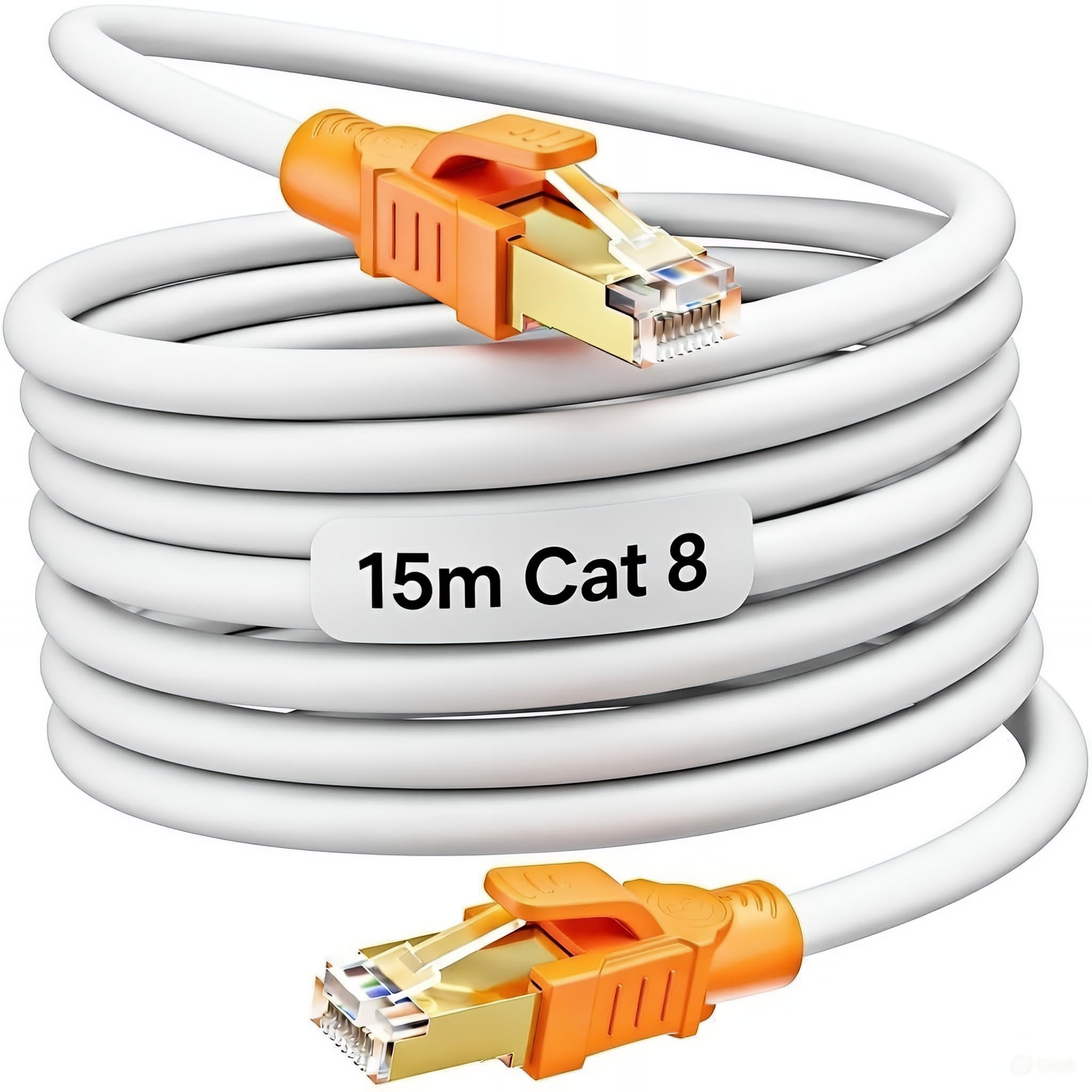 MEIPEK Cat8 Ethernet Cable 15m High Speed 40Gbps 2000Mhz S/FTP Shielded 26AWG Gigabit Waterproof White Rj45 Lan Internet Network Patch POE with 15 Clips