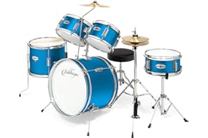 Ashthorpe 5-Piece Complete Junior Drum Set with Genuine Brass Cymbals - Advanced Beginner Kit with 16" Bass, Adjustable Throne, Cymbals, Hi-Hats, Pedals & Drumsticks - Blue
