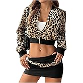 SweatyRocks Women's Y2k Leopard Print Zip Up Bomber Jackets Long Sleeve Crop Jacket Outwear Streetwear