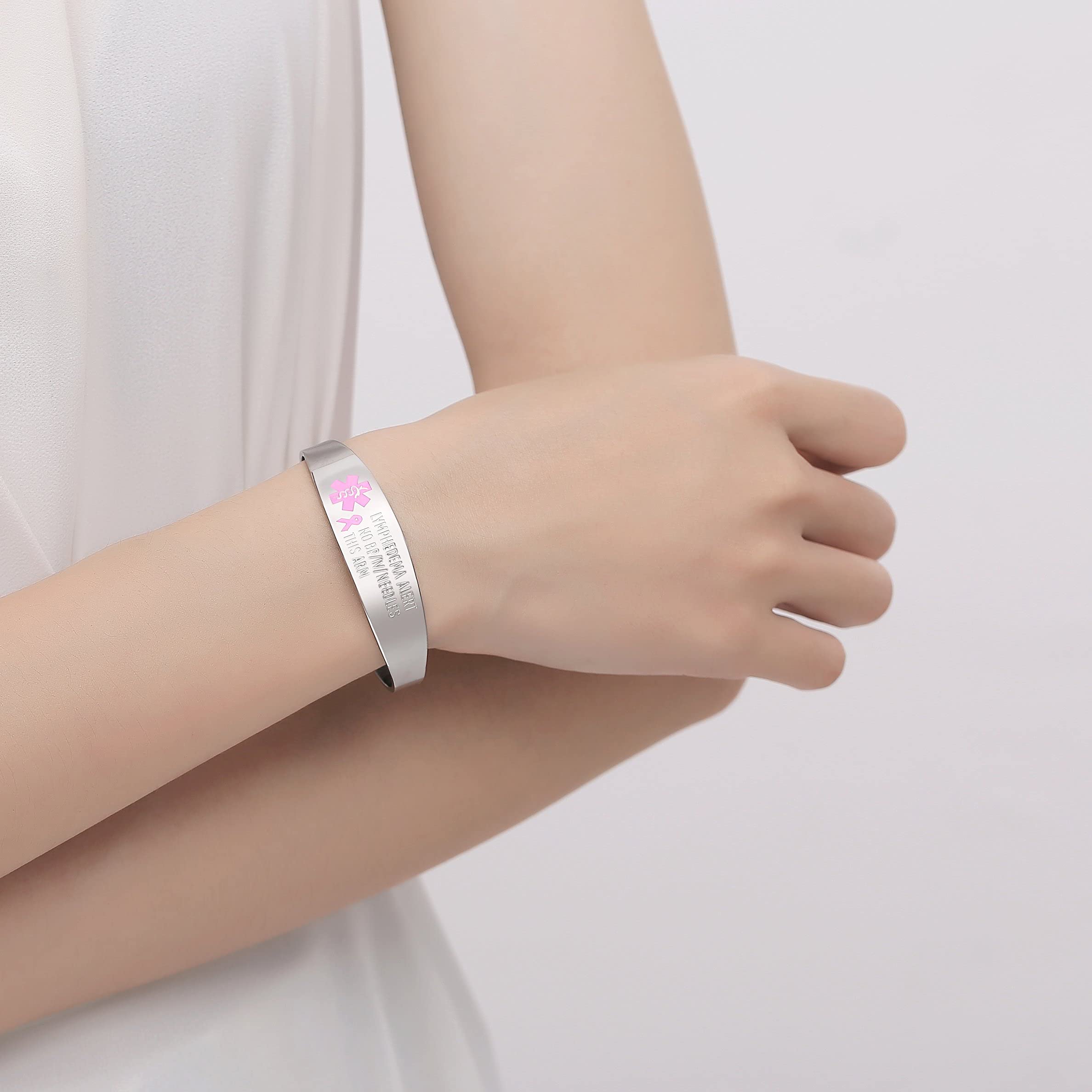 mnmoom Stainless steel medical id bracelets bangle for women Pink ribbon no bp no Needles Lymphedema Alert Bracelet