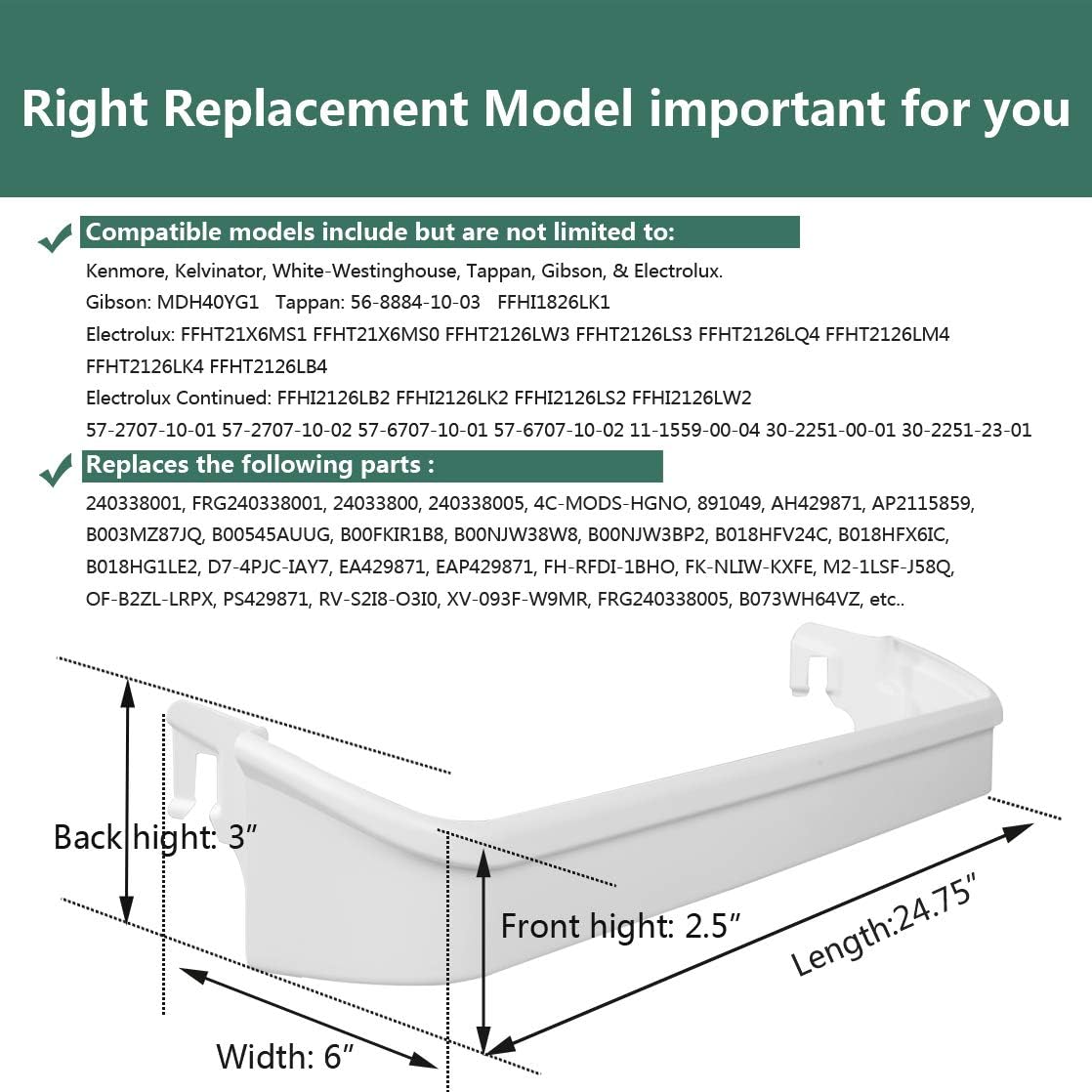 Door Bin Shelf for Refrigerator 240338001 Replacement Part - Compatible with Frigidaire & Gibson & Electrolux Refrigerator (24.5" wide X 2.5" inches deep): Home Improvement