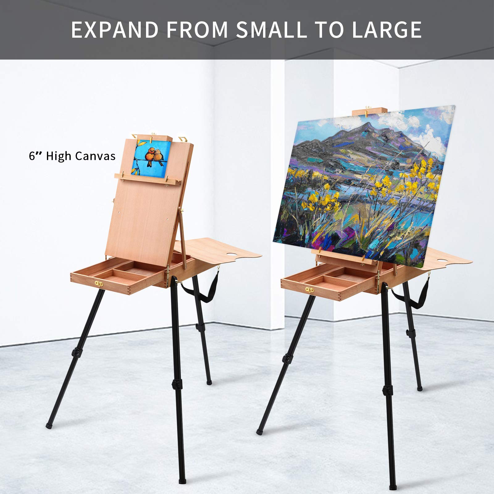 Falling in Art Light Weight French Style Field and Sketchebox Easel with Aluminum Tripod, Adjustable Beechwood Tripod Standing Easel with Drawer, Palette