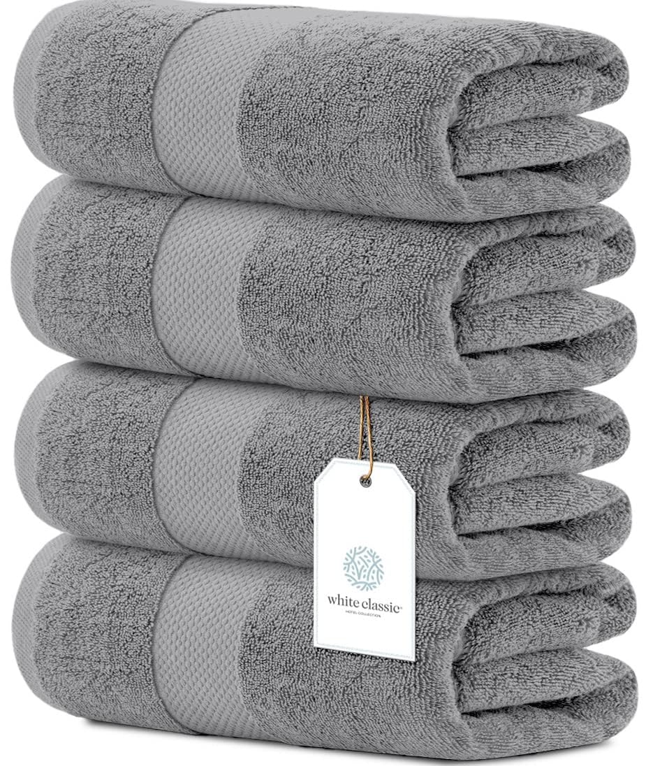 Photo 1 of White Classic Luxury Bath Towels Set of 4 Large - 700 GSM Cotton Ultra Soft Bath Towels 27x54 | Highly Absorbent and Quick Dry | Hotel Towels for Bathroom Luxury, Plush Shower Towels, Light Grey