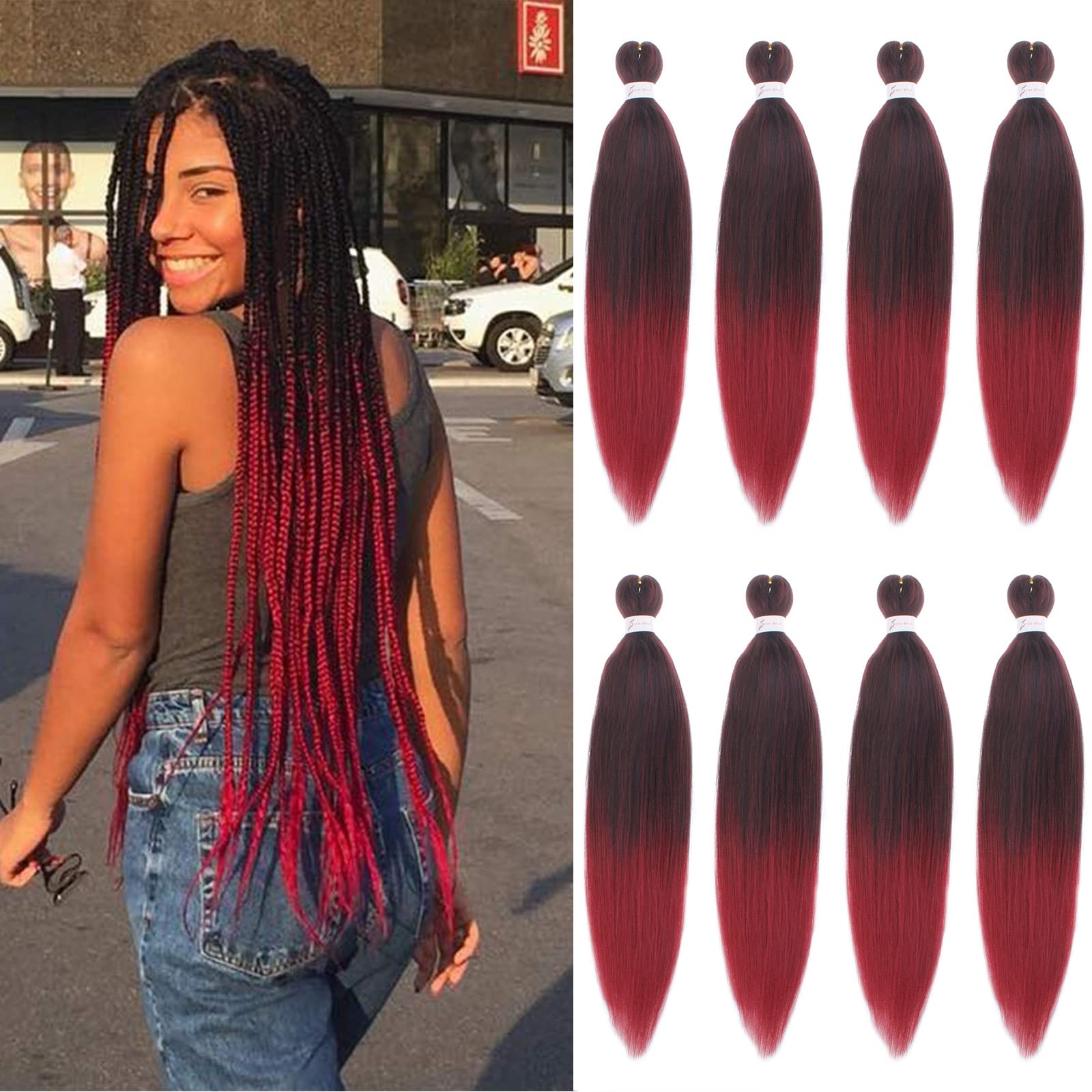 Xtrend 26 Inch EZ Braids 8Packs Ombre Bungundy Pre-Stretched Easy Braiding Hair Extensions Itch Free Hot Water Setting Synthetic Fiber Hair Extensions 1B900#