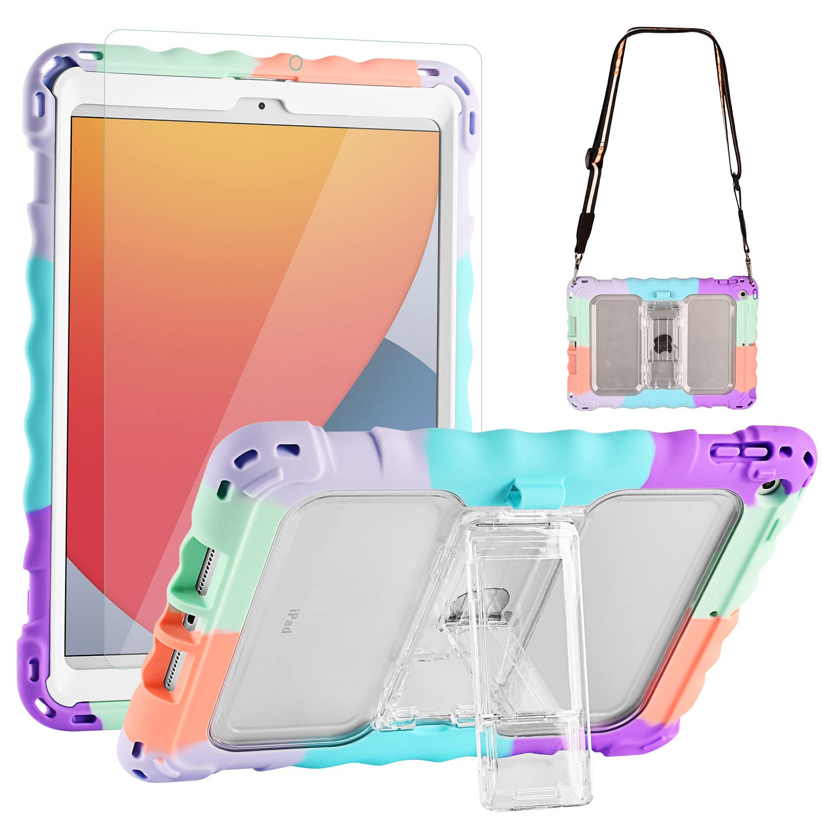 TOPESCT Kids Case for iPad 9th/8th/7th Generation 10.2 inch,Case with Portable Shoulder Strap, PET Screen Protector & Shockproof Silicone (Purple&Turquoise)