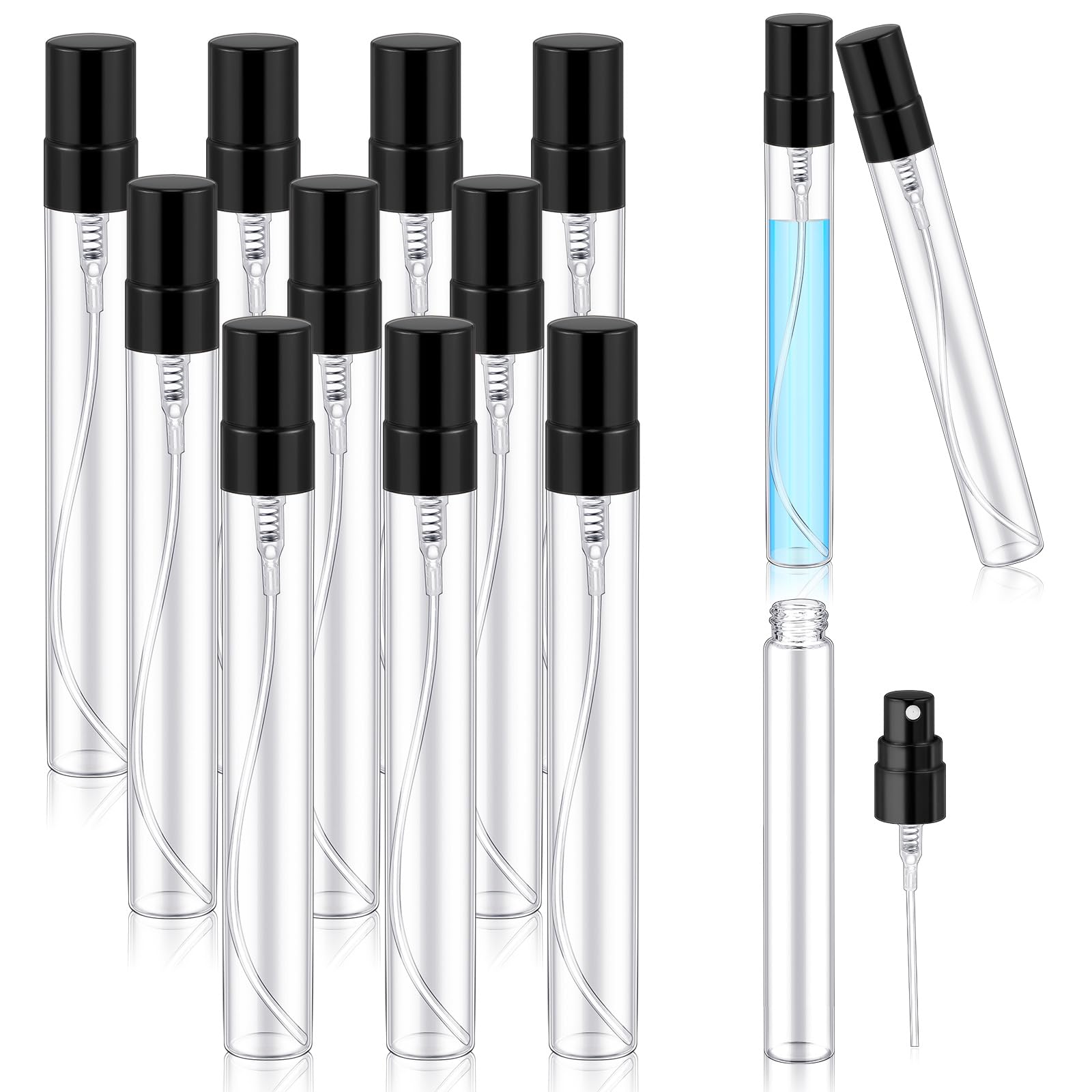Photo 1 of Zhehao 50 Pcs Mini Spray Bottles 10 ml Clear Glass Perfume Bottles Refillable Fine Mist Perfume Atomizer Portable Empty Sample Containers for Cleaning, Essential Oils, Travel (Black Cap)